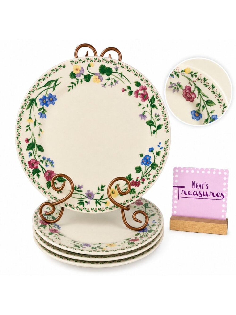 Farberware ENGLISH GARDEN Pink Blue Floral Rim Stoneware Dinner Plates Set of 4